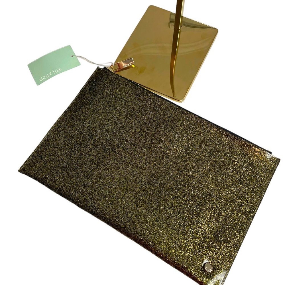 NWT DEUX LUX Womens Gold Pouch Clutch Bag Zip Closure Shimmer Interior Lining
